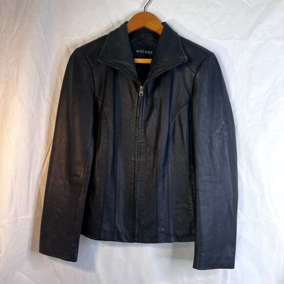 Nine West 100% Black Leather Jacket Full Zip Classic Leather Core Biker Sz Small - Picture 4 of 10